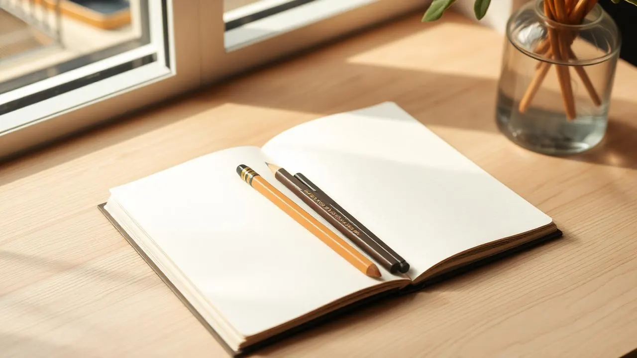 A tidy desk with muted pencils arranged neatly beside a notepad