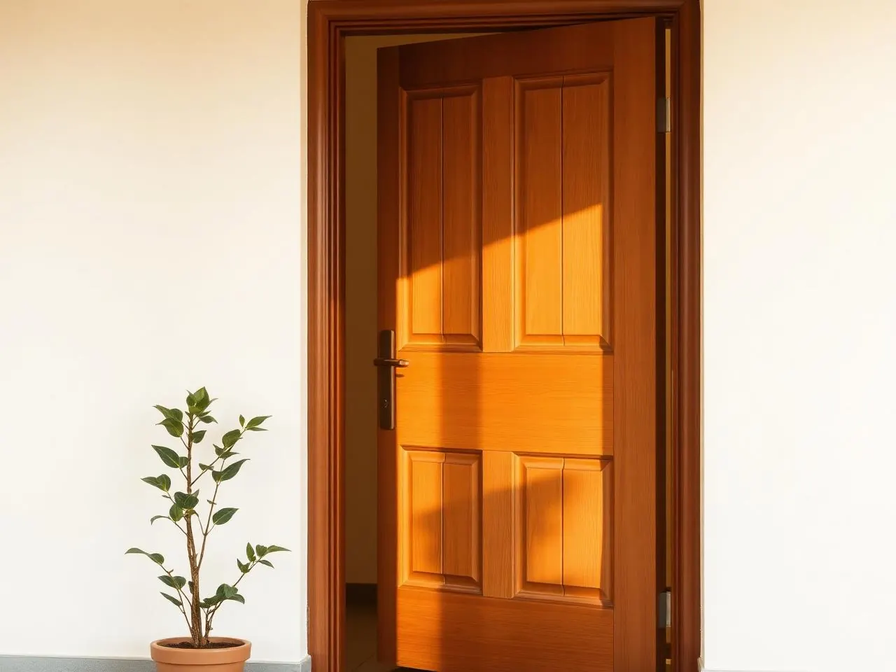 The calm entryway of the DeepMind Counselling clinic with a wooden door and potted plants